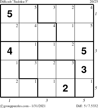 The grouppuzzles.com Difficult Sudoku-5 puzzle for Sunday January 31, 2021 with all 5 steps marked