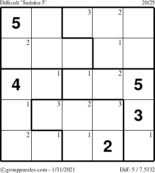 The grouppuzzles.com Difficult Sudoku-5 puzzle for Sunday January 31, 2021 with the first 3 steps marked