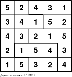 The grouppuzzles.com Answer grid for the Sudoku-5 puzzle for Sunday January 31, 2021