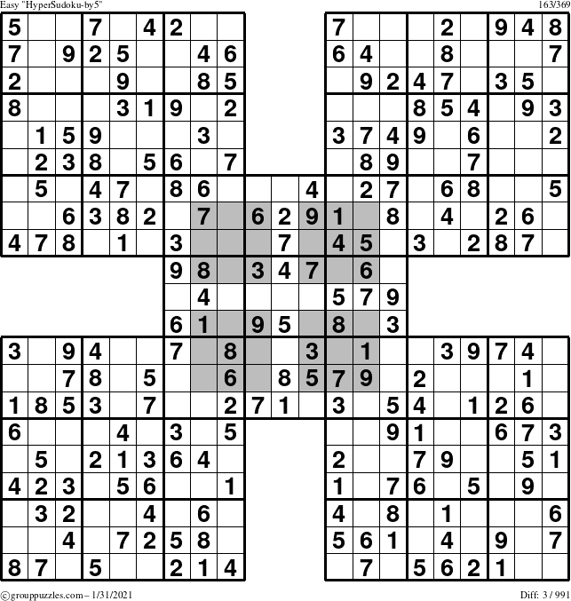 The grouppuzzles.com Easy HyperSudoku-by5 puzzle for Sunday January 31, 2021