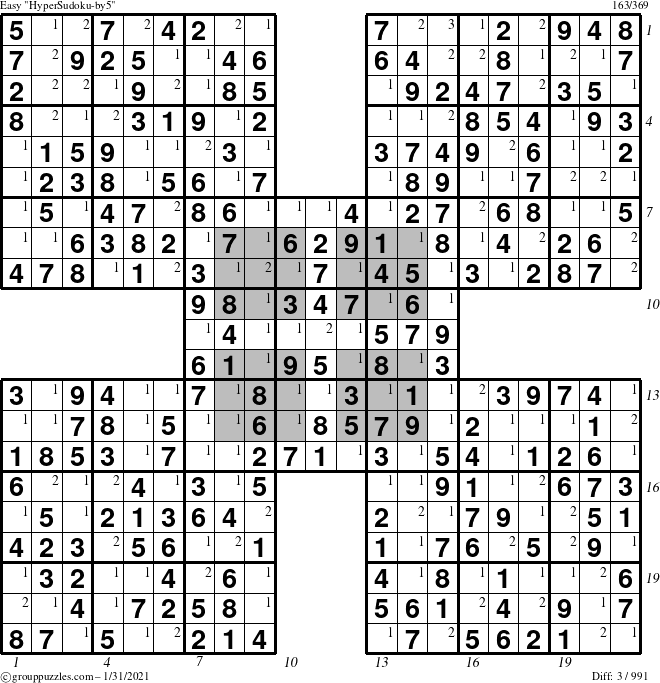The grouppuzzles.com Easy HyperSudoku-by5 puzzle for Sunday January 31, 2021 with all 3 steps marked