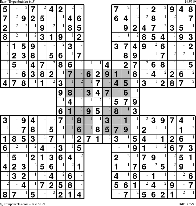 The grouppuzzles.com Easy HyperSudoku-by5 puzzle for Sunday January 31, 2021 with the first 3 steps marked