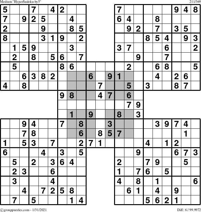 The grouppuzzles.com Medium HyperSudoku-by5 puzzle for Sunday January 31, 2021