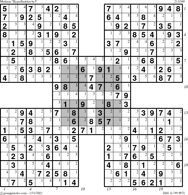 The grouppuzzles.com Medium HyperSudoku-by5 puzzle for Sunday January 31, 2021 with all 6 steps marked