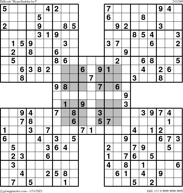 The grouppuzzles.com Difficult HyperSudoku-by5 puzzle for Sunday January 31, 2021