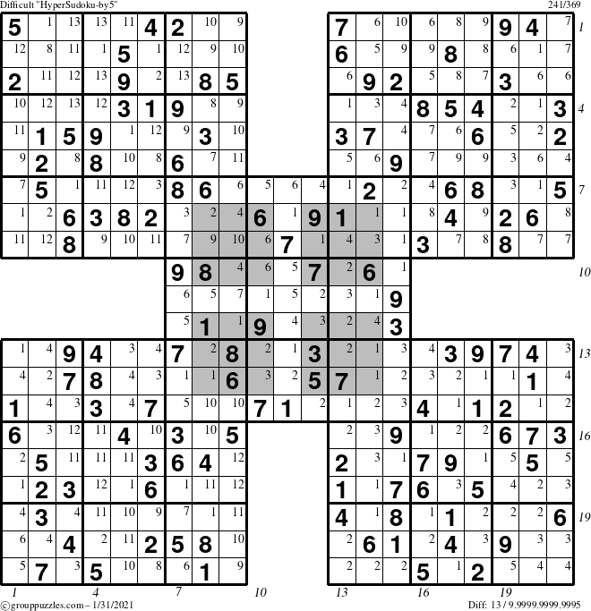 The grouppuzzles.com Difficult HyperSudoku-by5 puzzle for Sunday January 31, 2021 with all 13 steps marked