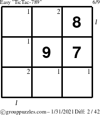 The grouppuzzles.com Easy TicTac-789 puzzle for Sunday January 31, 2021 with all 2 steps marked
