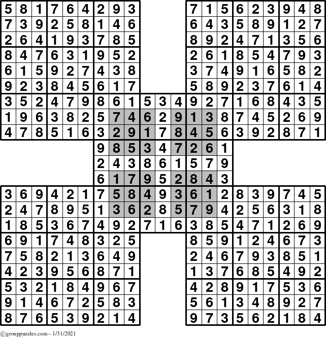 The grouppuzzles.com Answer grid for the HyperSudoku-by5 puzzle for Sunday January 31, 2021