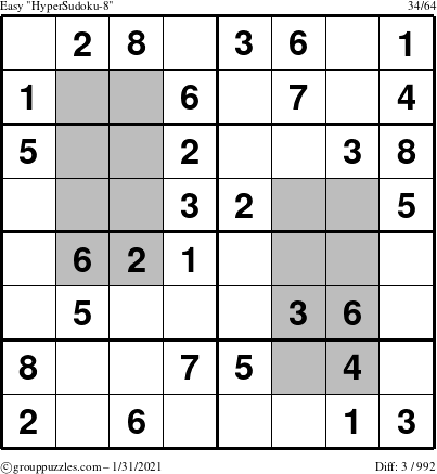 The grouppuzzles.com Easy HyperSudoku-8 puzzle for Sunday January 31, 2021
