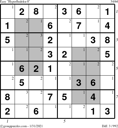 The grouppuzzles.com Easy HyperSudoku-8 puzzle for Sunday January 31, 2021 with all 3 steps marked