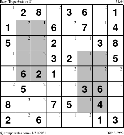 The grouppuzzles.com Easy HyperSudoku-8 puzzle for Sunday January 31, 2021 with the first 3 steps marked