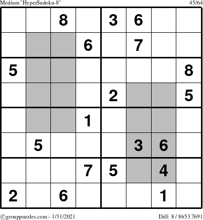 The grouppuzzles.com Medium HyperSudoku-8 puzzle for Sunday January 31, 2021