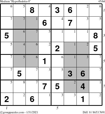 The grouppuzzles.com Medium HyperSudoku-8 puzzle for Sunday January 31, 2021 with all 8 steps marked