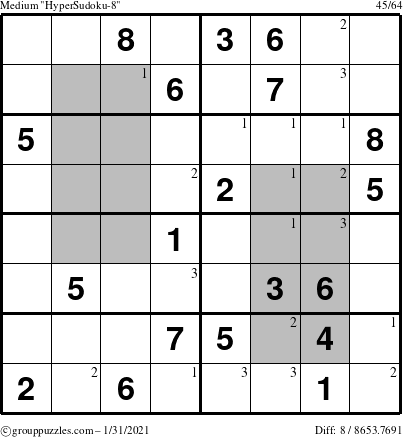 The grouppuzzles.com Medium HyperSudoku-8 puzzle for Sunday January 31, 2021 with the first 3 steps marked