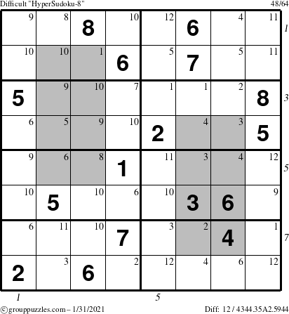 The grouppuzzles.com Difficult HyperSudoku-8 puzzle for Sunday January 31, 2021 with all 12 steps marked