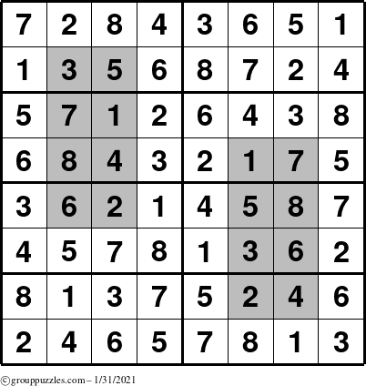 The grouppuzzles.com Answer grid for the HyperSudoku-8 puzzle for Sunday January 31, 2021