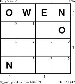 The grouppuzzles.com Easy Owen puzzle for Friday January 8, 2021 with all 3 steps marked