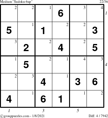 The grouppuzzles.com Medium Sudoku-6up puzzle for Friday January 8, 2021 with all 4 steps marked