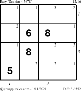 The grouppuzzles.com Easy Sudoku-4-5678 puzzle for Monday January 11, 2021 with all 3 steps marked