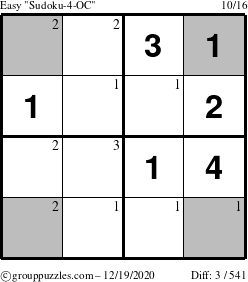The grouppuzzles.com Easy Sudoku-4-OC puzzle for Saturday December 19, 2020 with the first 3 steps marked