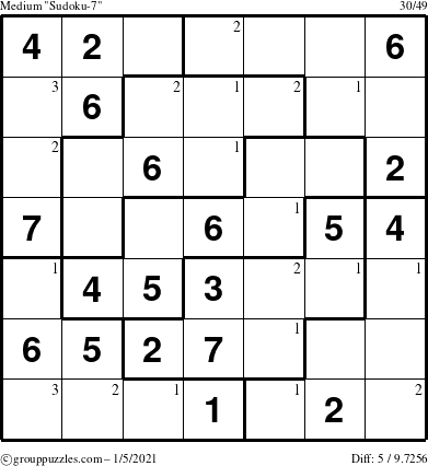 The grouppuzzles.com Medium Sudoku-7 puzzle for Tuesday January 5, 2021 with the first 3 steps marked